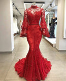 HIGH NECK LONG SLEEVESS MERMAID BEADING APPLIQUE CHAPEL TRAIN PROM DRESS HZ1023