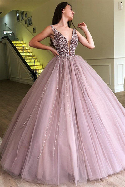 GORGEOUS BALL GOWN TULLE BEADING STRAPS SLEEVELESS PROM DRESS HZ1023