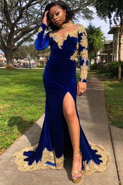 VELVET LONG SLEEVES MERMAID FRONT SPLIT GOLD APLIQUES PROM PARTY GOWNS ROYAL BLUE HZ1023