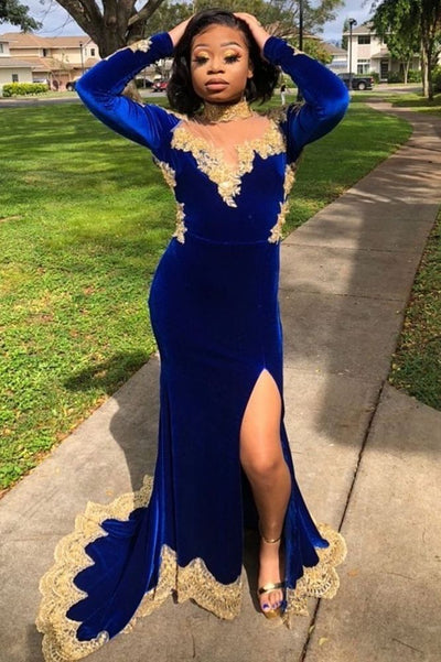 VELVET LONG SLEEVES MERMAID FRONT SPLIT GOLD APLIQUES PROM PARTY GOWNS ROYAL BLUE HZ1023