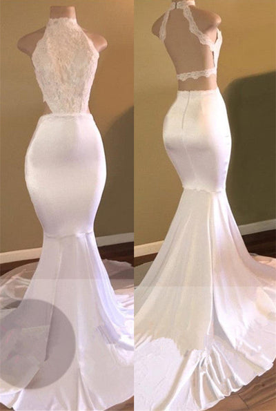 TRENDY WHITE MERMAID HIGH-NECK SLEEVELESS PROM PARTY GOWNS HZ1023