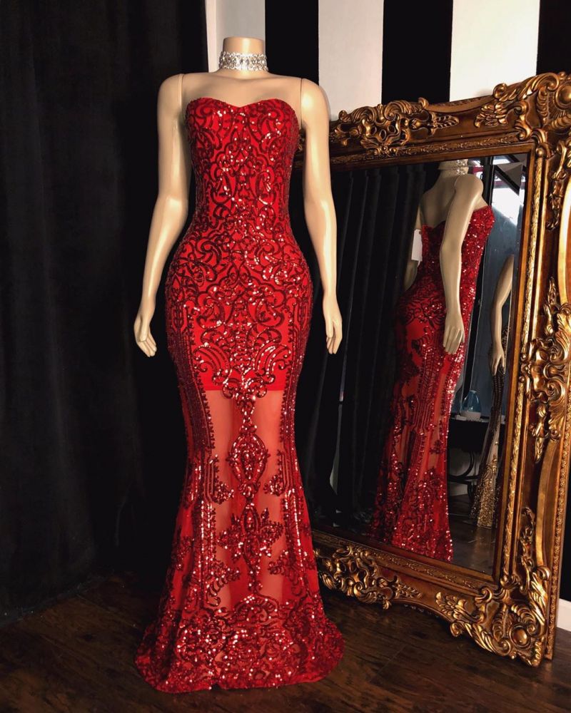 SWEETHEART STRAPLESS SEQUINS PATTERN LONG MERMAID PROM GOWNS HZ1023