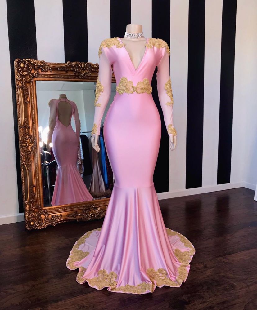 V-NECK LONG SLEEVESS OPEN BACK PINK MERMAID APPLIQUES PROM GOWNS HZ1023