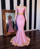 V-NECK LONG SLEEVESS OPEN BACK PINK MERMAID APPLIQUES PROM GOWNS HZ1023