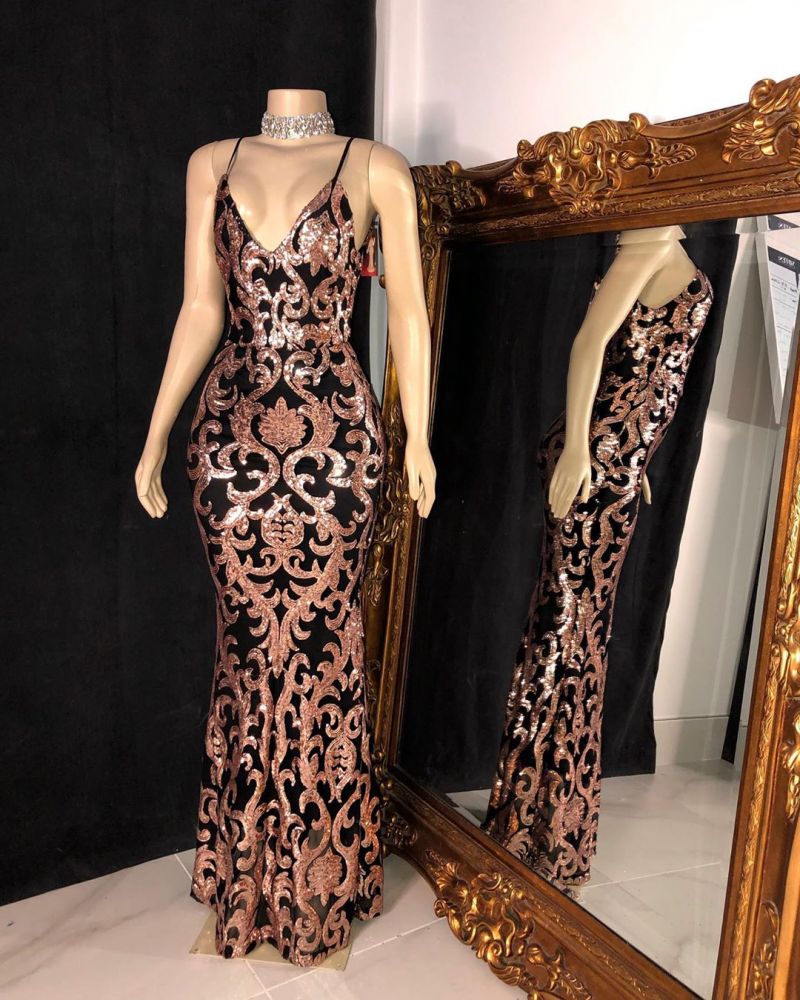 TRENDY SEQUINS APPLIQUES V-NECK SPAGHETTI LONG MERMAID PROM GOWNS HZ1023
