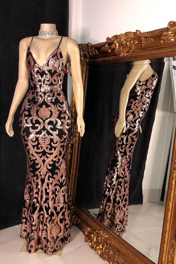 TRENDY SEQUINS APPLIQUES V-NECK SPAGHETTI LONG MERMAID PROM GOWNS HZ1023
