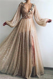 SPARKLE SEQUINS LONG SLEEVESS PROM PARTY GOWNS| CHIC V-NECK FRONT SLIT LONG PROM PARTY GOWN HZ1023