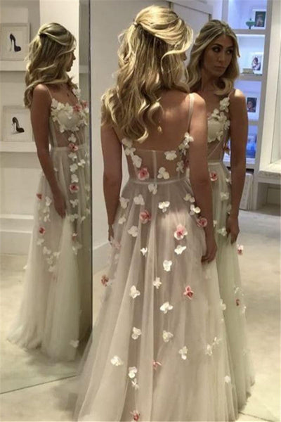 SPAGHETTI STRAPS OPEN BACK FLOWERS CHIC EVENING GOWN CORSET ILLUSION TULLE PROM PARTY GOWNS HZ1023