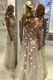SPAGHETTI STRAPS OPEN BACK FLOWERS CHIC EVENING GOWN CORSET ILLUSION TULLE PROM PARTY GOWNS HZ1023