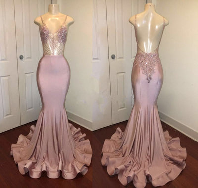 TRENDY PINK BEADS SPAGHETTI STRAP PROM PARTY GOWNS| MERMAID PROM PARTY GOWNS HZ1023