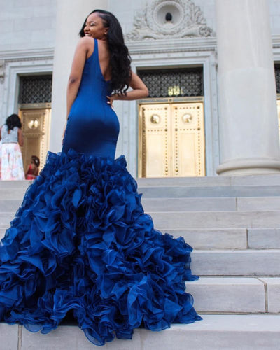 V-NECK PROM PARTY GOWNS| RUFFLES MERMAID EVENING DRESS HZ1023