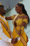 YELLOW LONG SLEEVES MERMAID PROM GOWNS SWEEP TRAIN APPLIQUES HZ1023