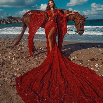 SPARKLE RED EXTREME LONG TRAIN CHIC CRISS-CROSS LONG SLEEVESS PROM PARTY GOWNS HZ1023