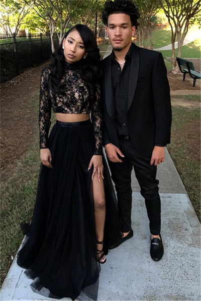TWO PIECE LONG SLEEVES EVENING GOWN BLACK CHIC SLIT LACE PROM DRESS HZ1023