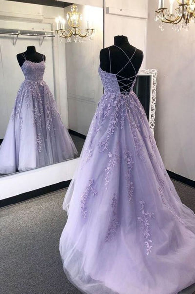 SPAGHETTI STRAPS SWEETHEART EVENING DRESS TULLE FLORAL APPLIQUES BACKLESS PROM DRESS HZ1023