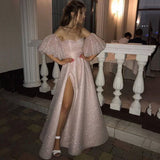 SPARKLE PEARL PINK SEQUINED HIGH SPLIT A-LINE PROM DRESS WITH BRACELET HZ1023