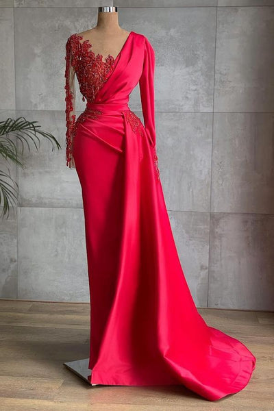STUNNING RED LONG SLEEVE MERMAID EVENING DRESS LACE APPLIQUES PROM GOWN RUFFLES HZ1023