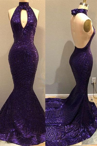 SEQUINS HALTER GRAPE PROM DRESS BACKLESS LONG EVENING GOWNS HZ1023