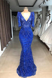 ROYAL BLUE BEADED LACE APPLIQUES 1/2 SLEEVE MERMAID PROM DRESS HZ1023