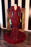 LONG SLEEVESS V-NECK BEADING PATTERNS LONG MERMAID PROM GOWNS HZ1023