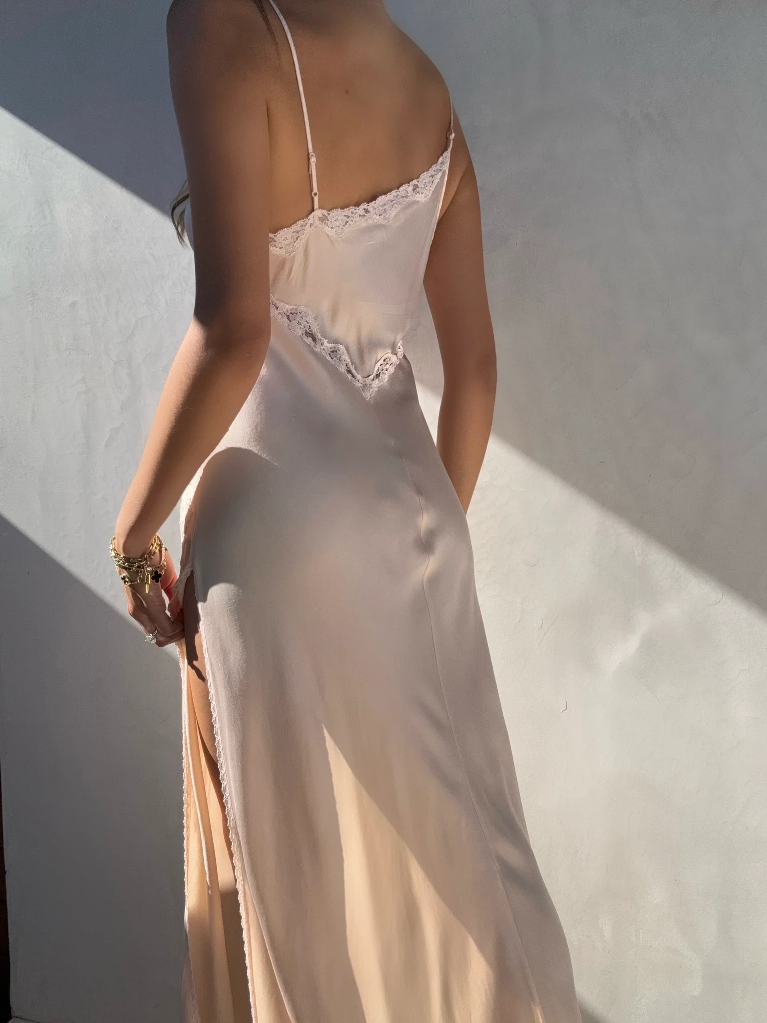 Simple A Line Spaghetti Strap Lace Satin Party Dress Wedding Guest Dress with Slit HZ1023