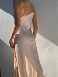Simple A Line Spaghetti Strap Lace Satin Party Dress Wedding Guest Dress with Slit HZ1023