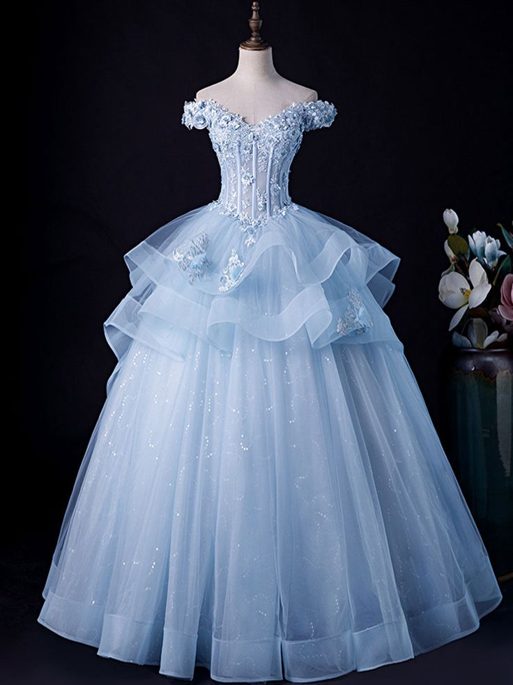 Blue Lace Tulle Appliques Long Prom Dress Formal Evening Dress HZ1023