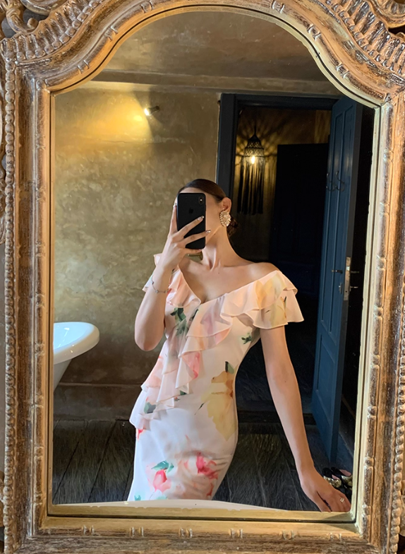 Light Pink Mermaid V Neck Print Floral Ruffle Chiffon Summer Dress Party Dress Outfits with Slit HZ1023