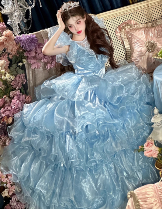 Blue Ball Gown Round Neck Layered Organza Prom Dress 16th Birthday Dress HZ1023