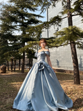 Blue A Line Off the Shoulder Flower Satin Long Party Dress Birthday Dress HZ1023