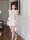 White A Line V Neck Ruffle Layered Tulle Short Homecoming Dress Outfits HZ1023
