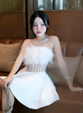 Cute White A Line Strapless Corset Feather Satin Short Homecoming Dress Cocktail Dress HZ1023