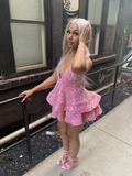 Sexy V-Neck Halter Pink Short Homecoming Dress Sequins Party Dress HZ1023