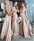 Unique Champagne Satin V Neck Long Prom Dress, Party Dress HZ1023