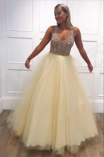 Yellow tulle v neck beads long prom dress yellow evening dress HZ1023
