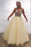 Yellow tulle v neck beads long prom dress yellow evening dress HZ1023