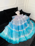 Blue Ombre A Line Strapless Silver Sequin Tulle Long Prom Dress Party Dress HZ1023