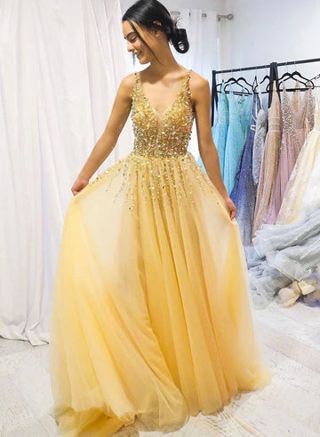 Yellow Tulle Sequins Beaded Long A Line Prom Dress, Party Dress HZ1023