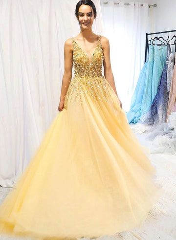 Yellow Tulle Sequins Beaded Long A Line Prom Dress, Party Dress HZ1023