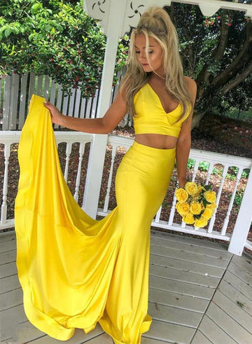 Yellow Satin Two Piece Long Train Prom Dress HZ1023