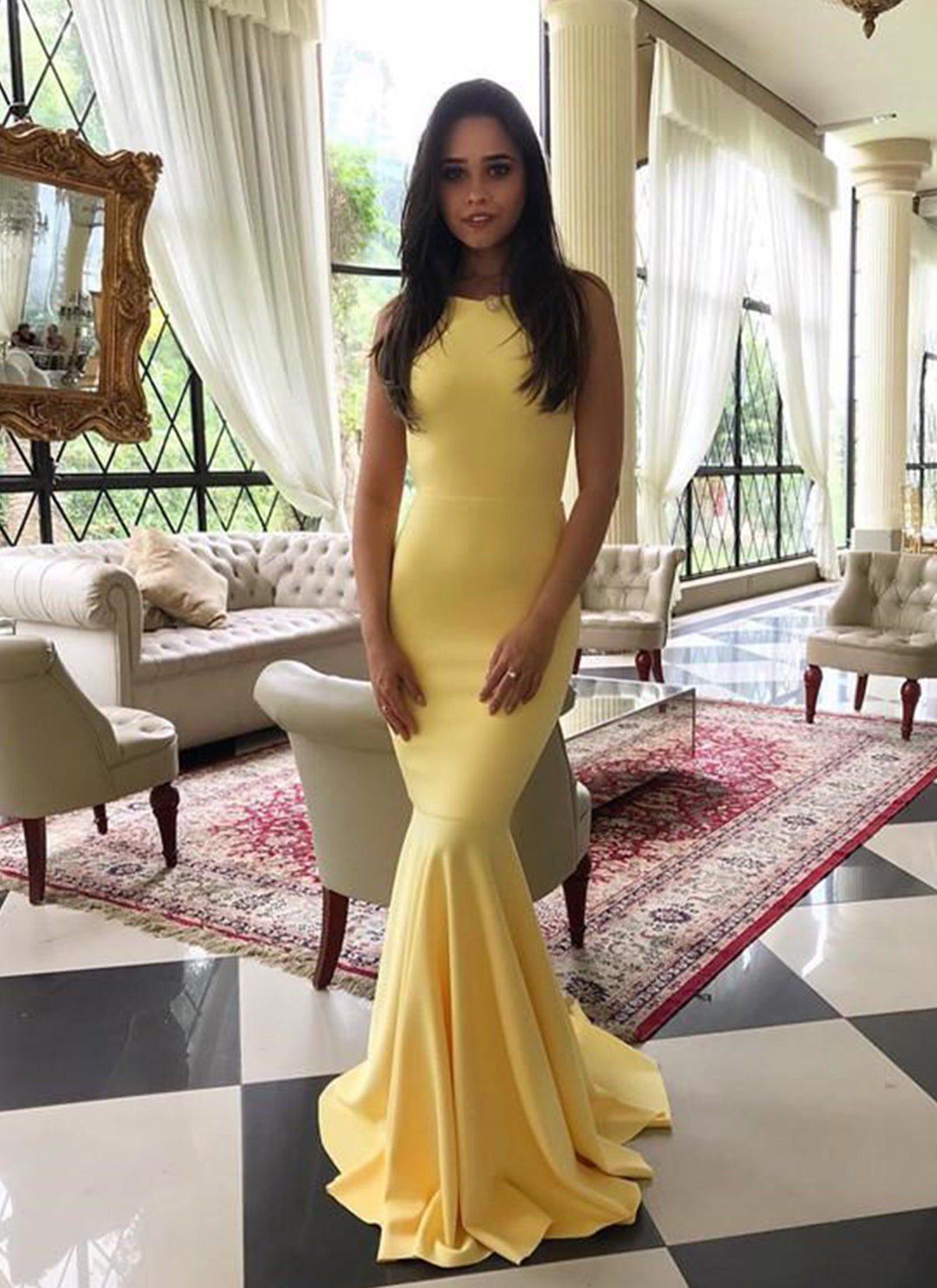 Yellow Satin Backless Long Mermaid Dress Evening Dress HZ1023