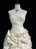 Ivory A Line Sweetheart Neck Pleated Flower Satin Short Homecoming Dress Cocktail Dress HZ1023