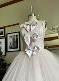 Stunning A Line Spaghetti Strap Bow Light Purple Tulle Long Party Dress Evening Dress HZ1023