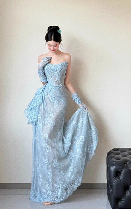 Blue Mermaid Strapless Pleated Blue Lace Long Party Dress Evening Dress HZ1023