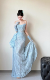 Blue Mermaid Strapless Pleated Blue Lace Long Party Dress Evening Dress HZ1023