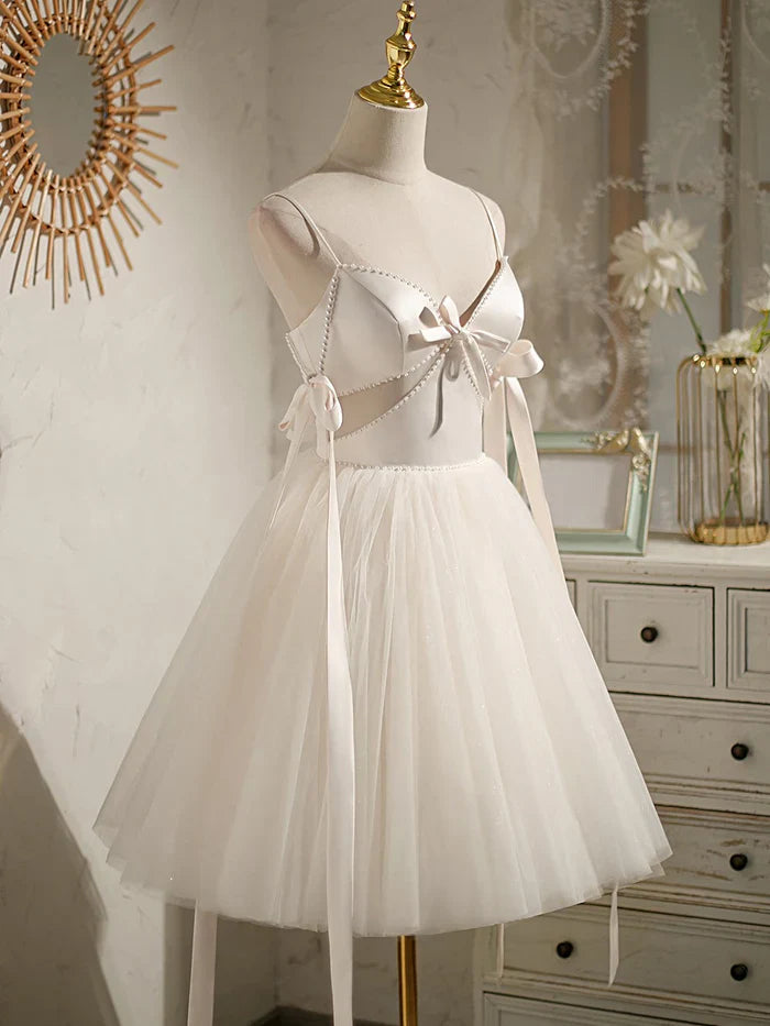 Sexy Spaghetti Straps Beading Satin Bow Short Homecoming Dresses HZ1023