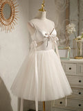Sexy Spaghetti Straps Beading Satin Bow Short Homecoming Dresses HZ1023