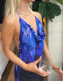 Sexy Sheath Halter Blue Print Floral Chiffon Open Back Evening Dress Outfits HZ1023