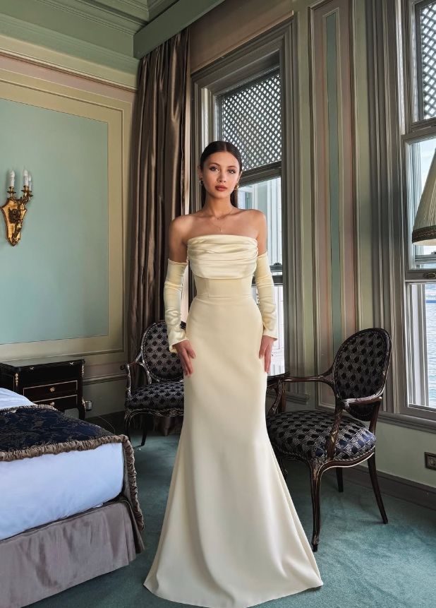 Apricot Simple Mermaid Strapless Satin Long Prom Dress Formal Dress Party Dress HZ1023