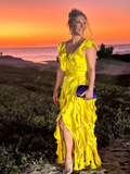 Yellow Sheath Strap Ruffle Satin Long Prom Dress Evening Dress HZ1023
